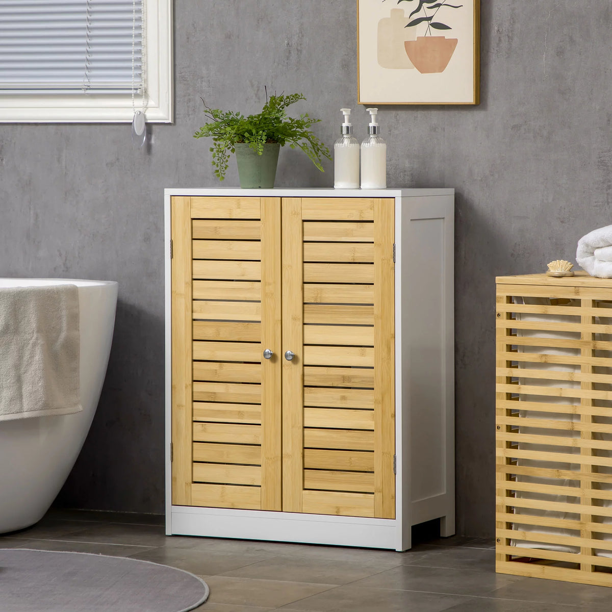 Bathroom Floor Cabinet with Bamboo Doors, Adjustable Shelves, White and Natural Z425