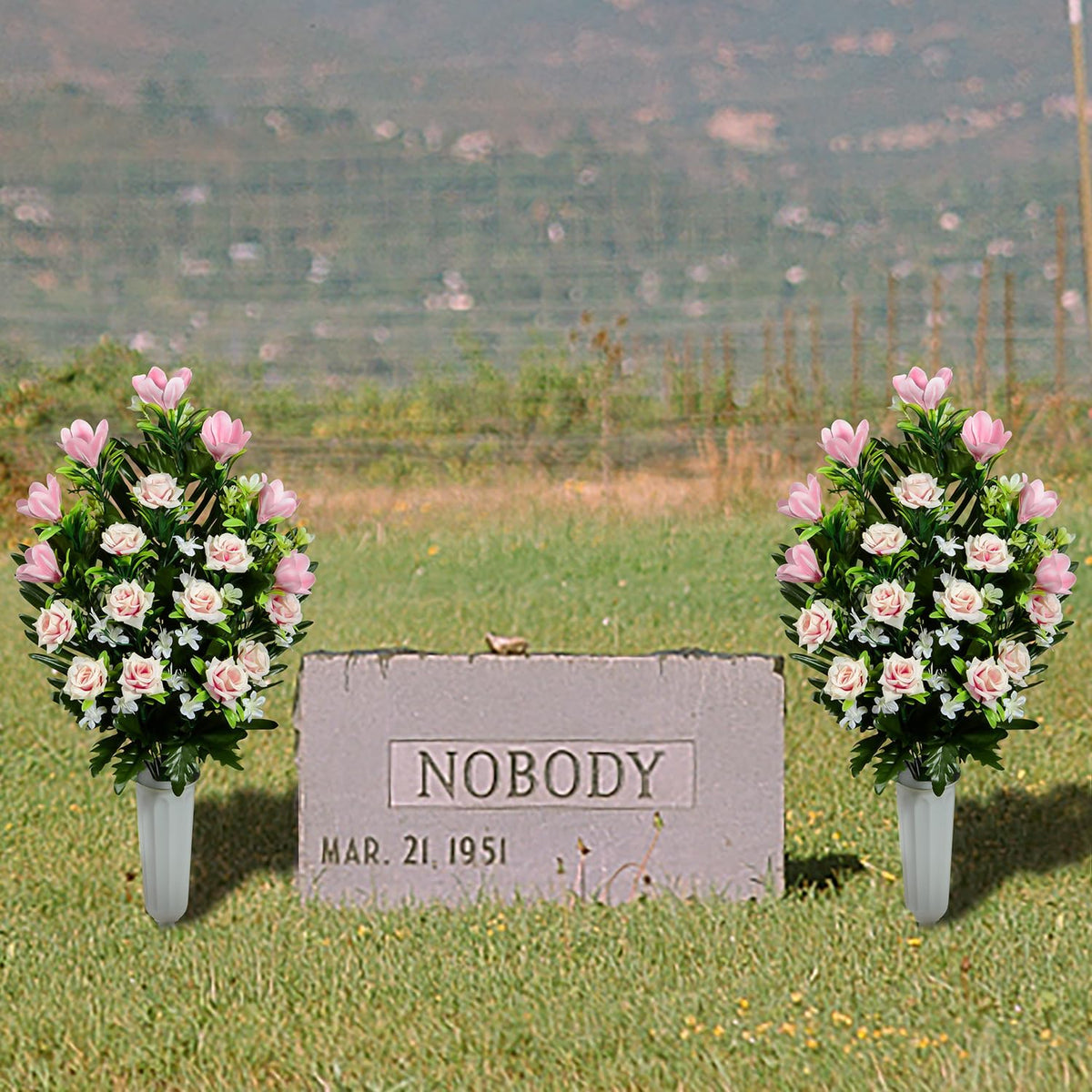 Artificial Rose Magnolia Flowers Bouquet with Cemetery Vase, 2 Sets Z572