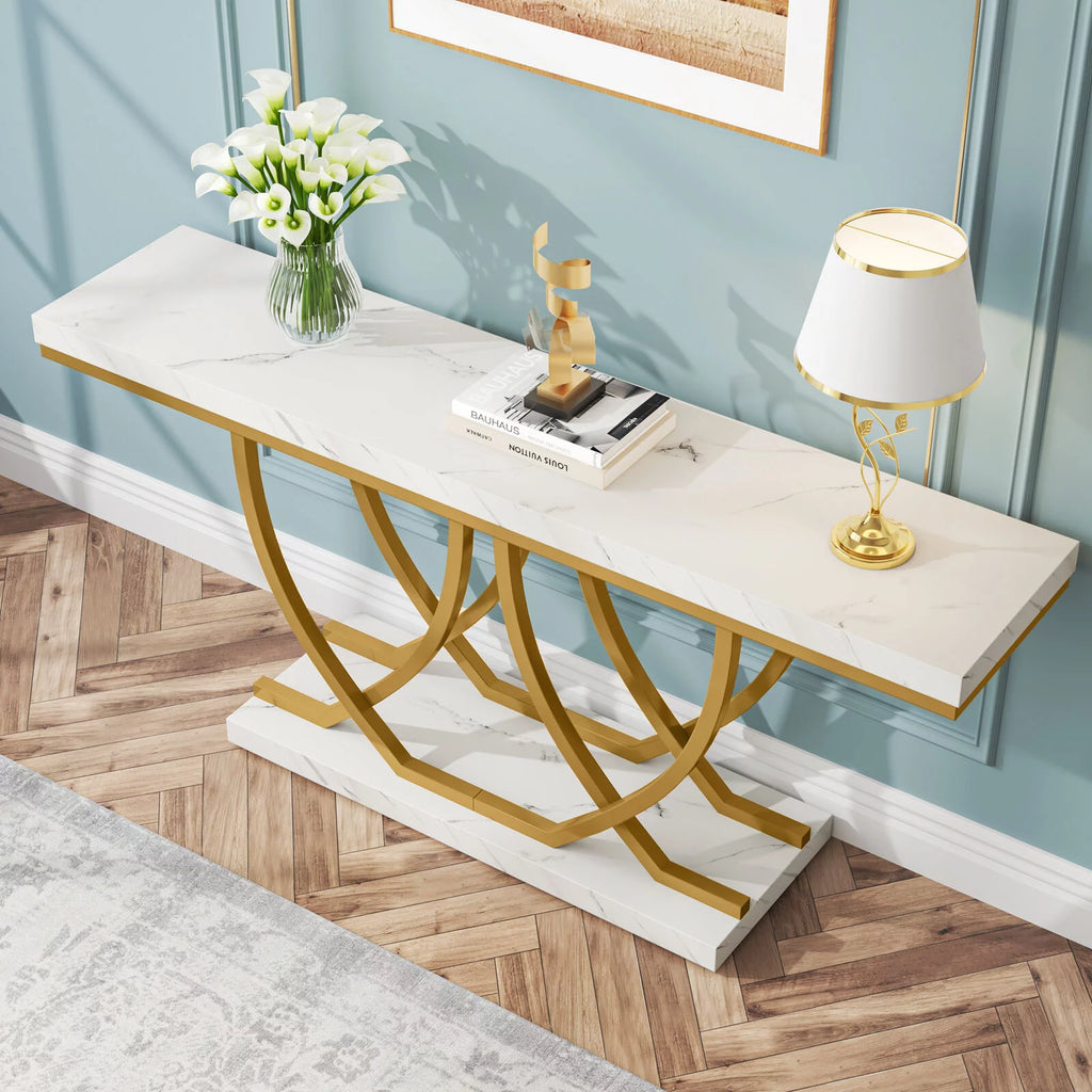 59" Faux Marble Console Table with Gold Base M6584