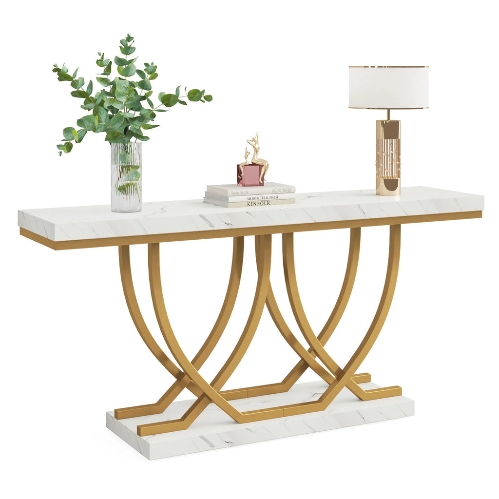 59" Faux Marble Console Table with Gold Base M6584