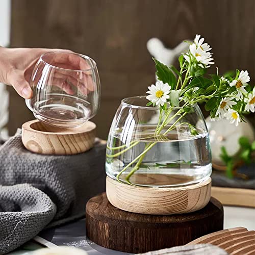 Glass Vase with Wooden Support Base, Clear Glass Bubble Vase, 1pcs (B 23 × 22 × 20 cm) L5720