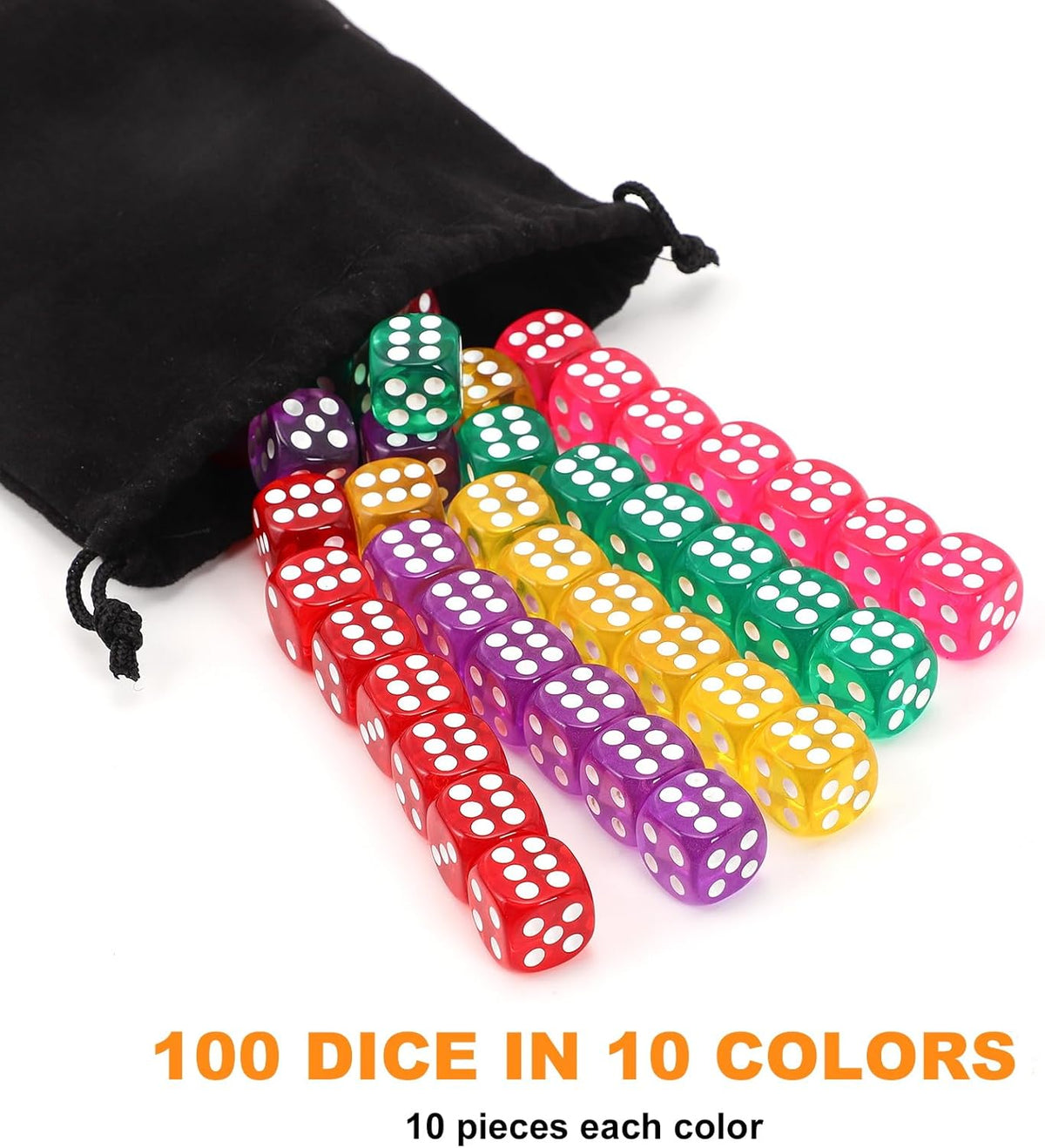 100Pcs Colored Dice Set Standard 16mm Game Dice Bulk with Black Drawstring Storage Bag B550
