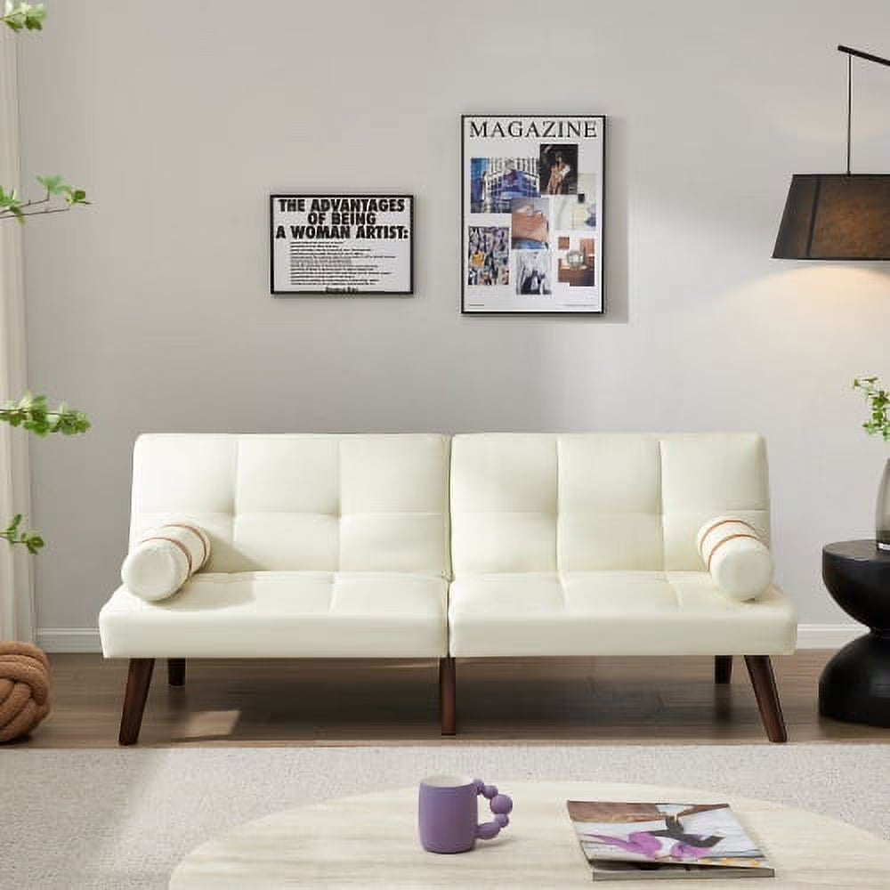 Ivory Linen Convertible Sofa Bed Futon with Solid Wood Legs M727