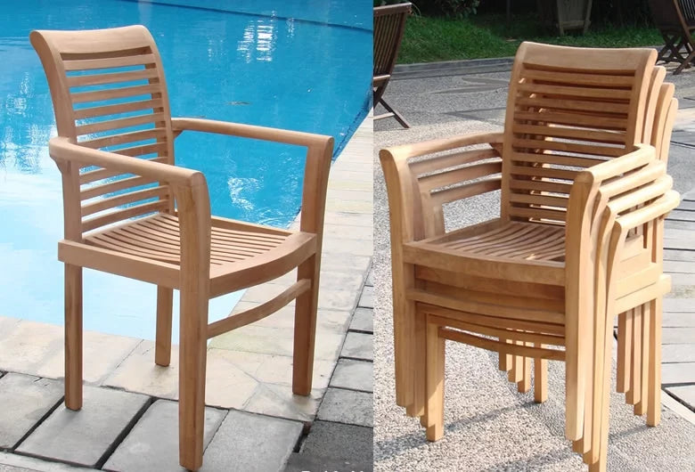 3 Pc Teak Dining Set with 36" Round Table and 2 Stacking Arm Chairs Y9379