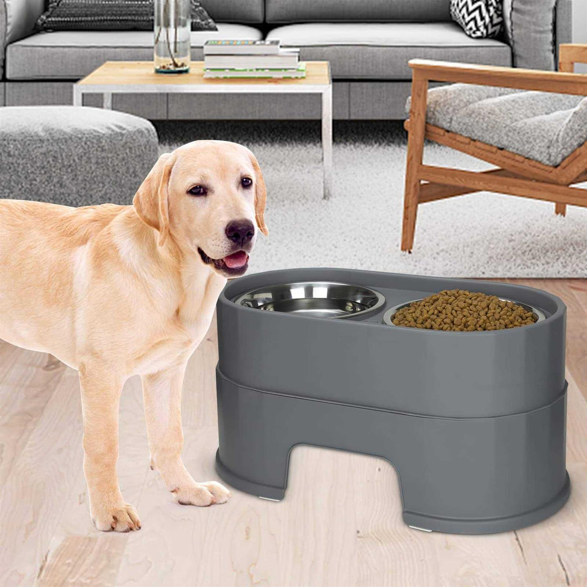 Raised Stainless Steel Dog Bowls Adjustable Double Bowl with Stand F400108