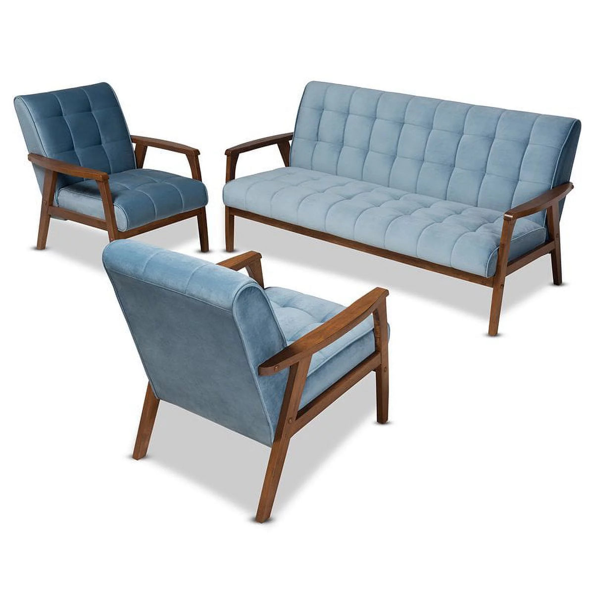 Light Blue Velvet Upholstered Wood 3-Piece Living Room Set O98288