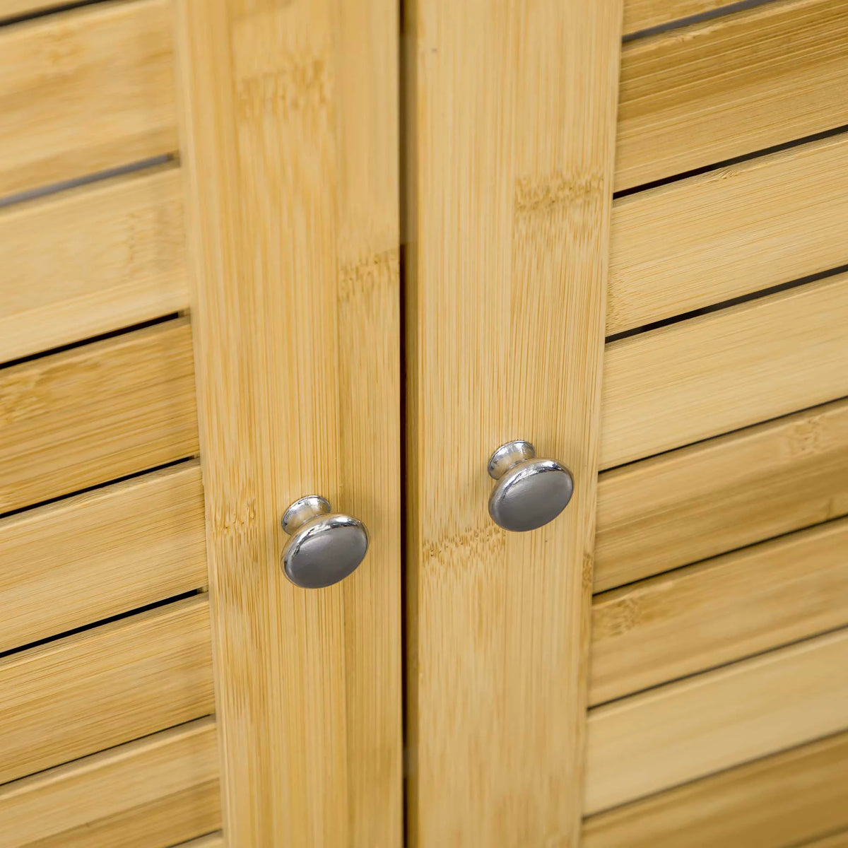 Bathroom Floor Cabinet with Bamboo Doors, Adjustable Shelves, White and Natural Z425