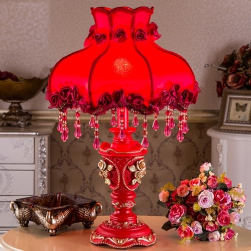 Blue Fabric 1 Head Floral Table Lamp with Beaded Fringe and Lace Q638