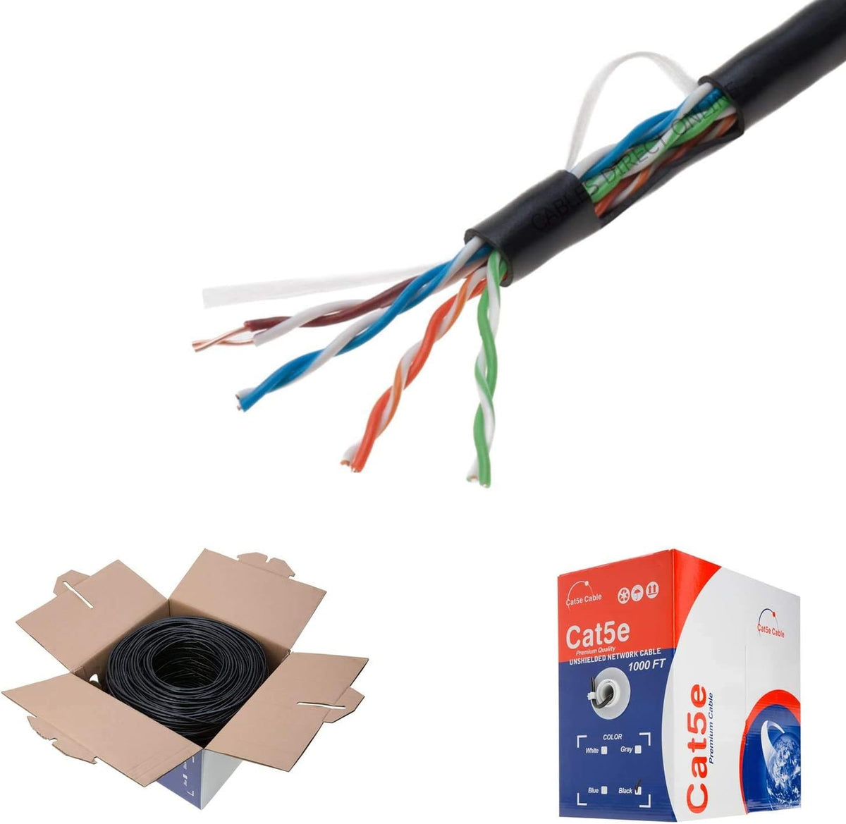Plenum CAT5e 1000FT CMP Cable Black Solid 24 AWG Bulk Box Cat5 Networking Wire T71282