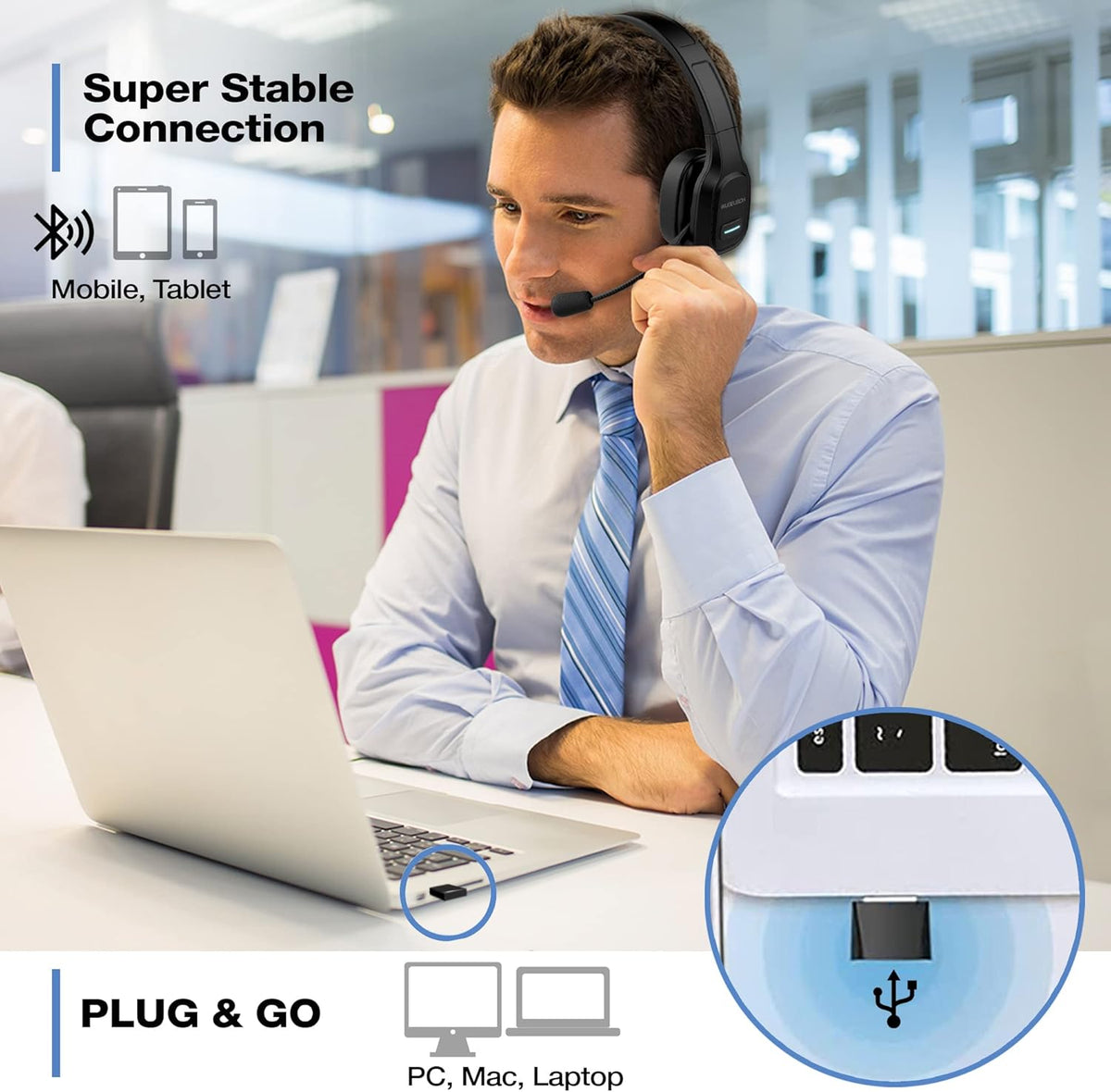 Wireless Headset with Microphone, Noise Canceling On-Ear Headphones with USB Dongle, 32H Talk Time Q35645