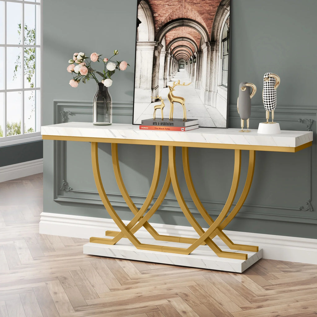 59" Faux Marble Console Table with Gold Base M6584