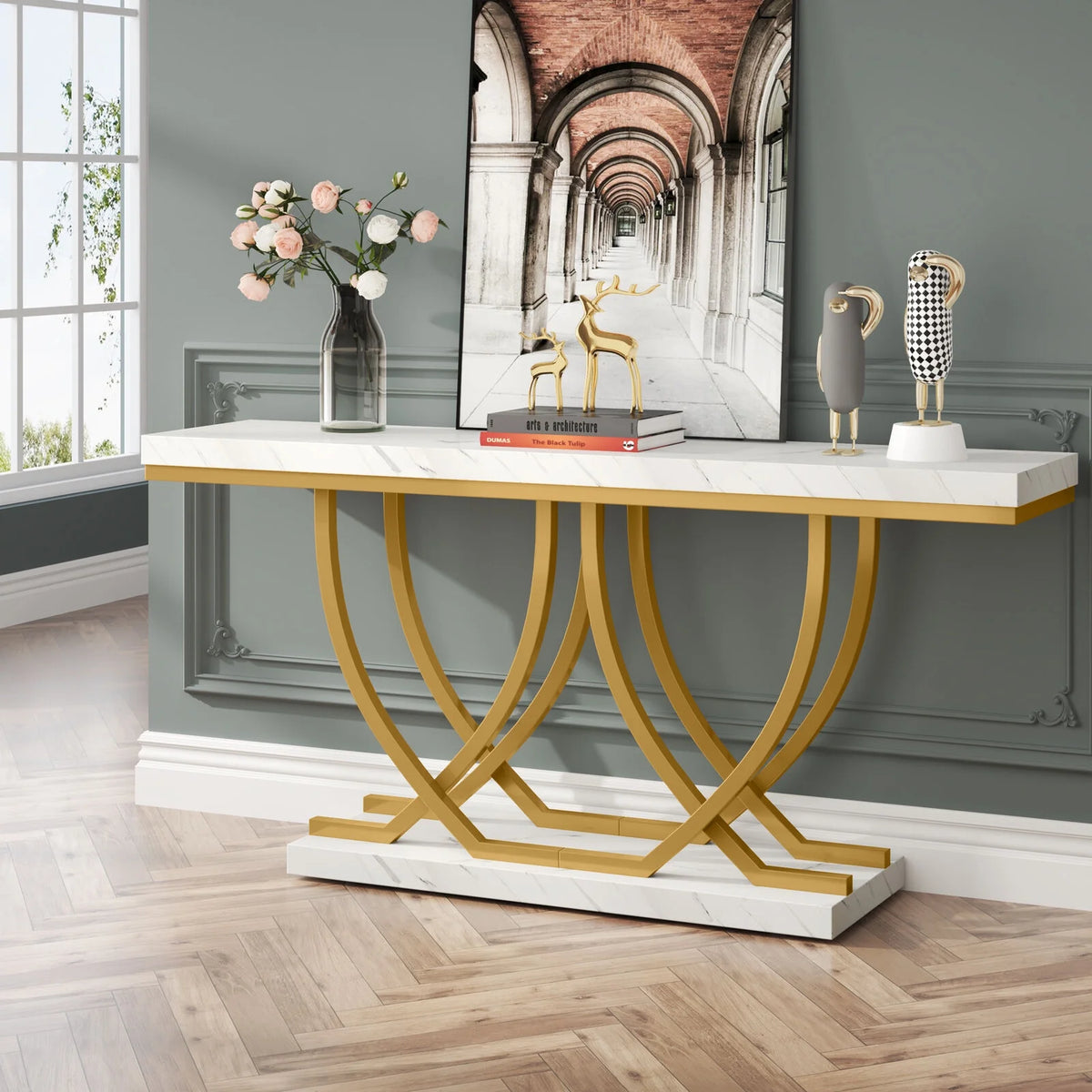 59" Faux Marble Console Table with Gold Base M6584
