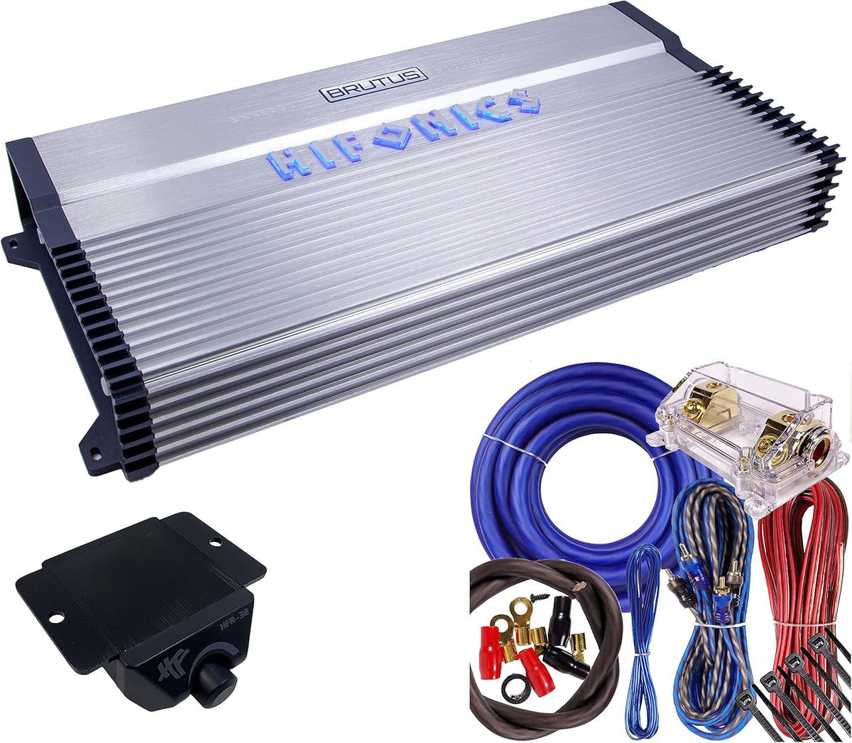 6000 Watt RMS 1-Channel D Class Car Audio Amplifier with Blue 0 Gauge Installation Kit Bundle Y32546