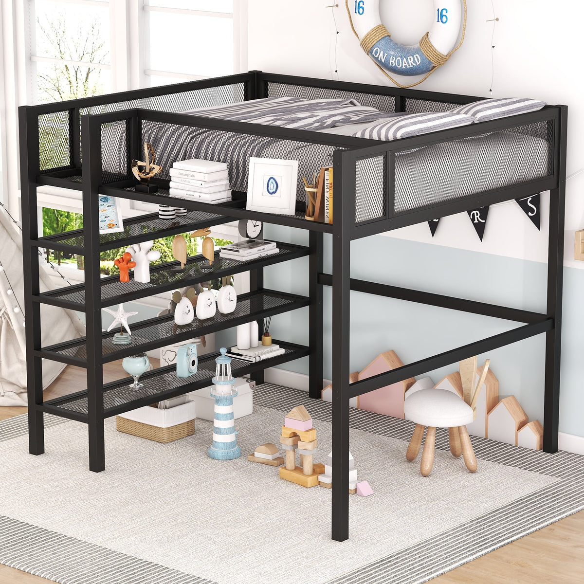 Full Size Black Metal Loft Bed with Shelves and Storage U68061