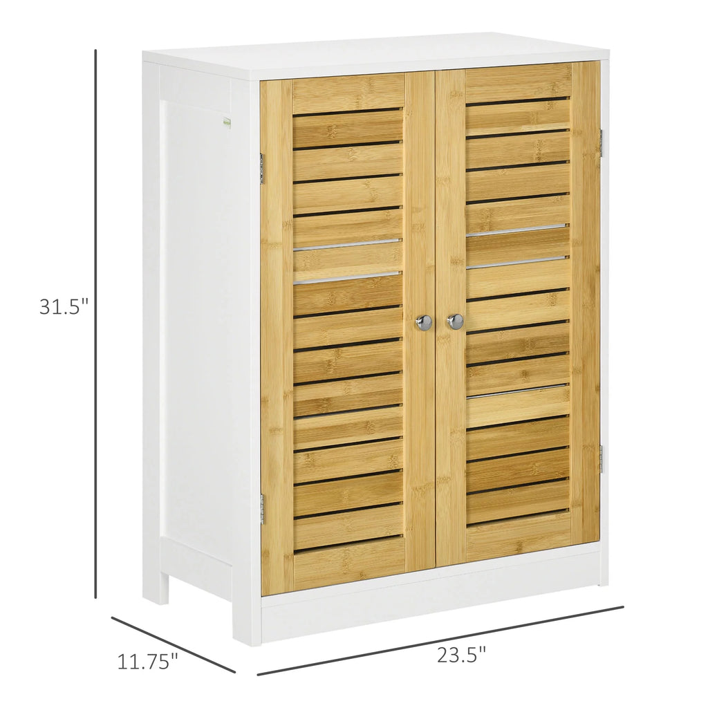 Bathroom Floor Cabinet with Bamboo Doors, Adjustable Shelves, White and Natural Z425