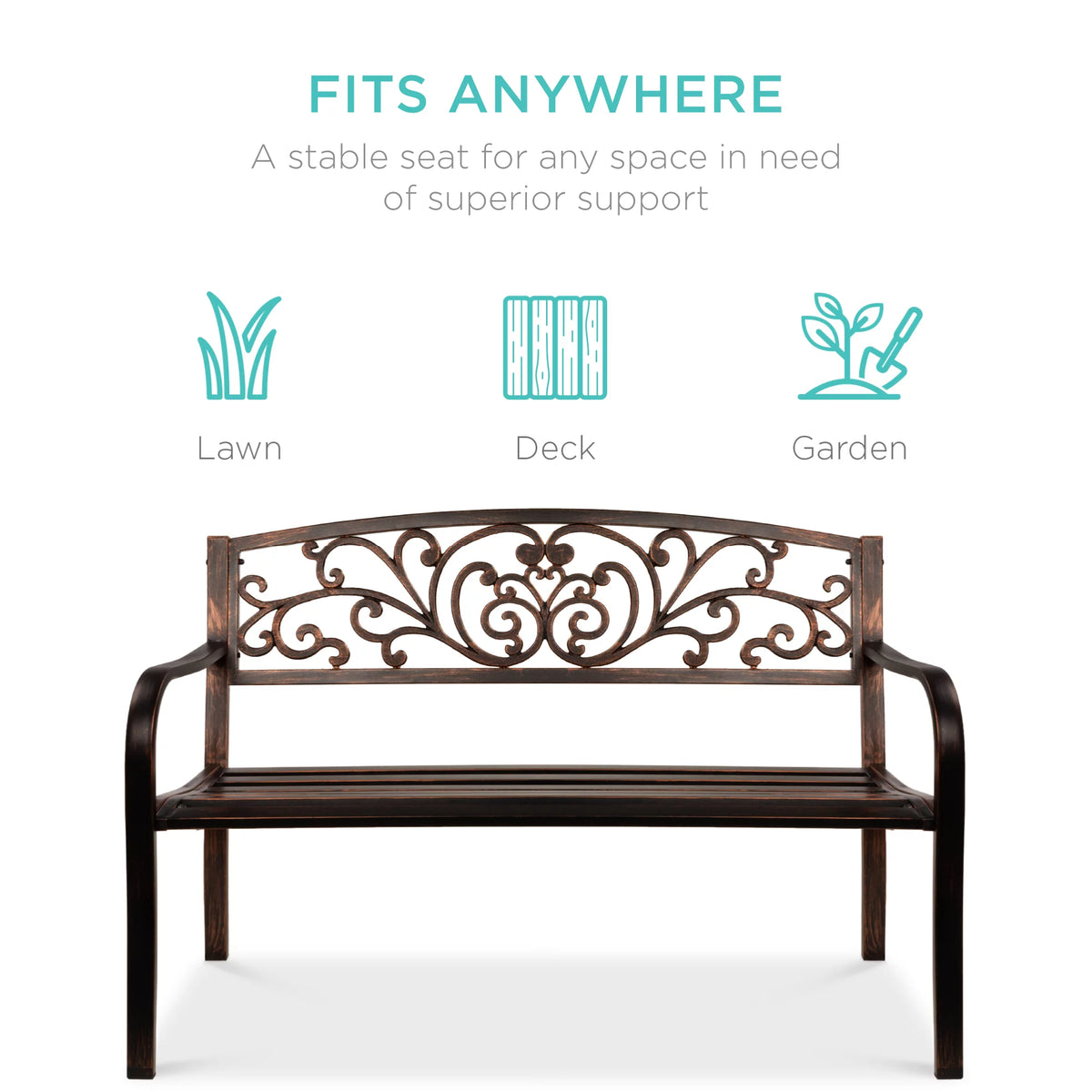 Brown Outdoor Steel Bench with Floral Design Backrest B1769