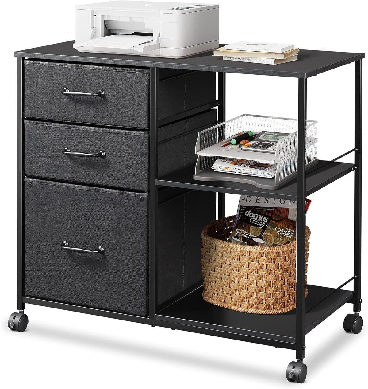 Rustic Brown 3 Drawer Mobile File Cabinet with Open Storage Shelf W728