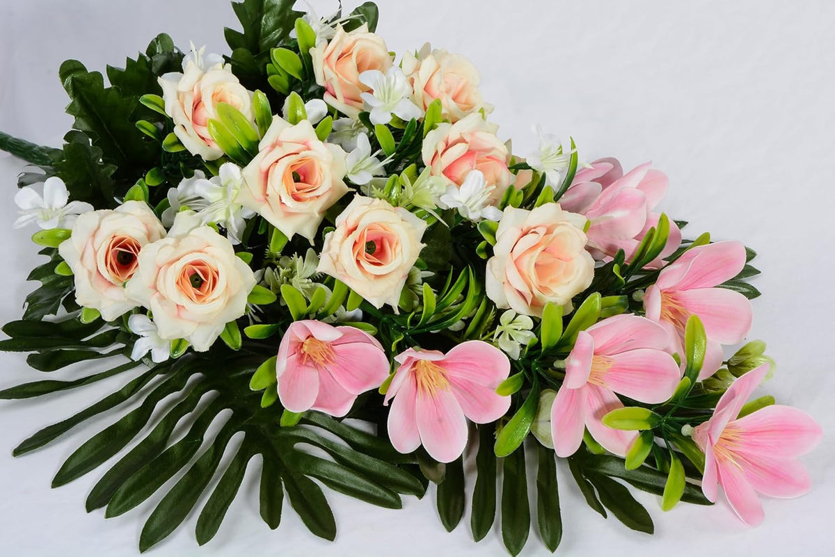 Artificial Rose Magnolia Flowers Bouquet with Cemetery Vase, 2 Sets Z572