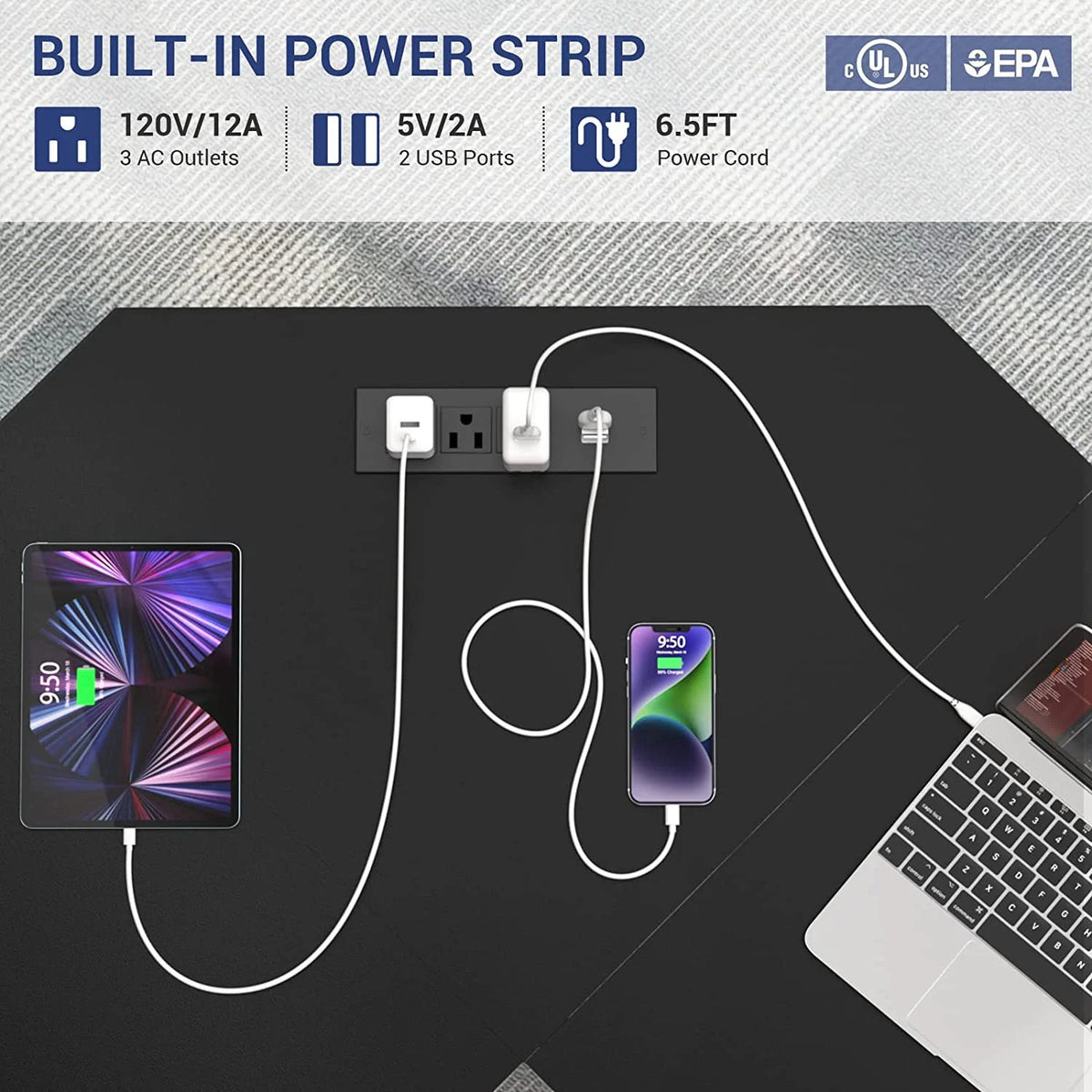 Black L Shaped Computer Desk with Power Outlet and LED Light A9311