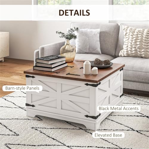 Distressed White & Brown Square Storage Coffee Table with Hinged Lift Top D934813