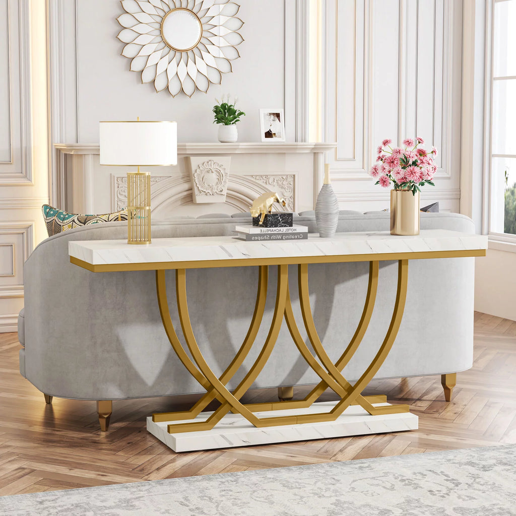 59" Faux Marble Console Table with Gold Base M6584