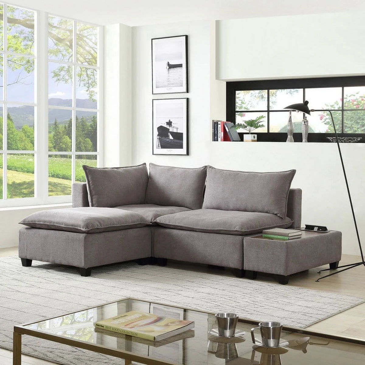 Light Gray Fabric Sectional Loveseat Ottoman G541
