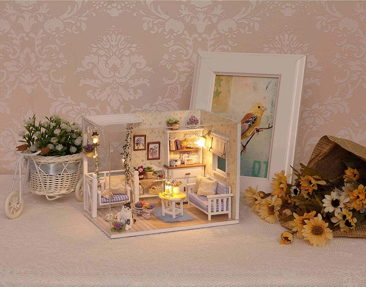 Wooden Dollhouse Miniatures DIY House Kit with Led Light A618751