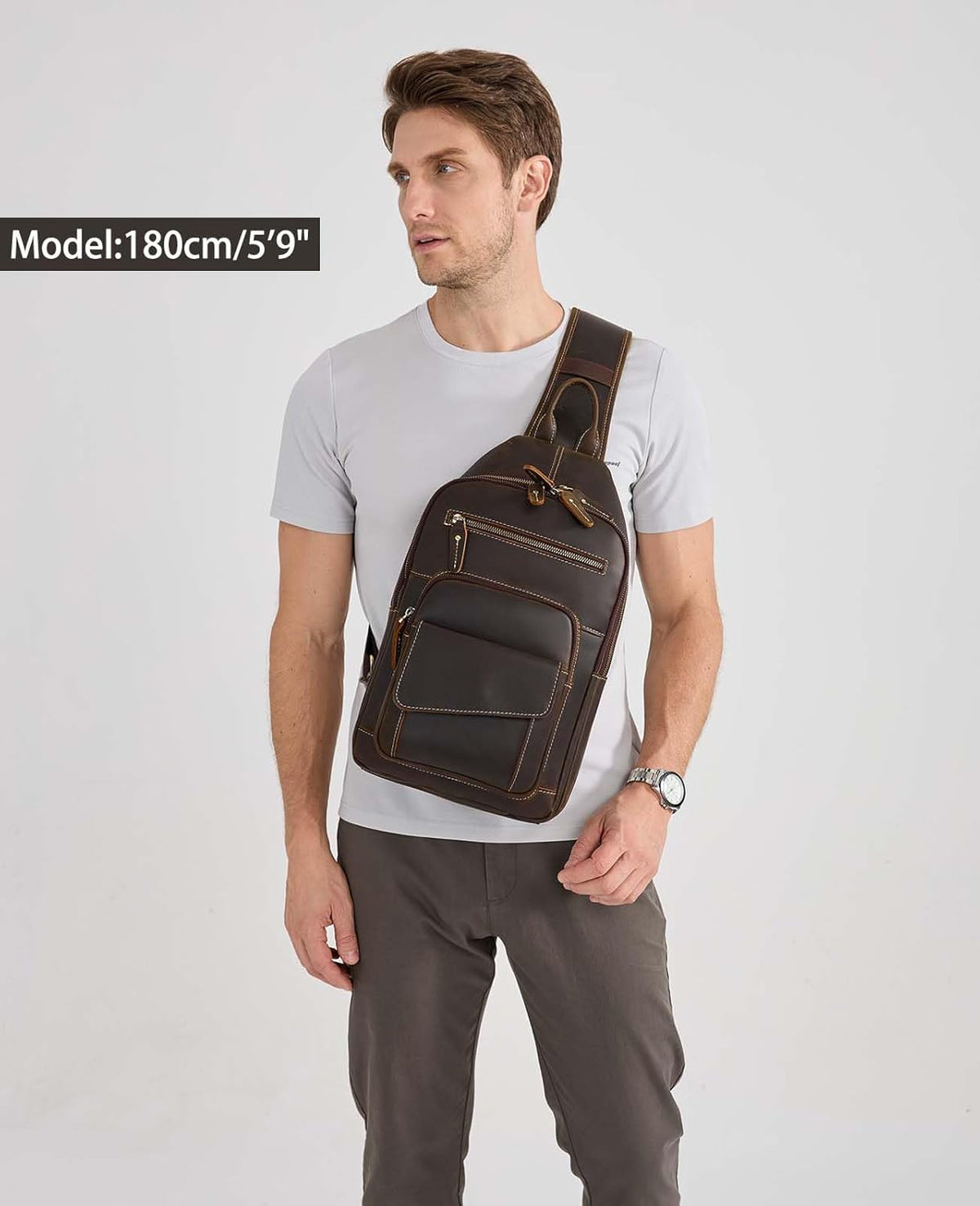 Brown Full Grain Leather Crossbody Shoulder Sling Bag F811230
