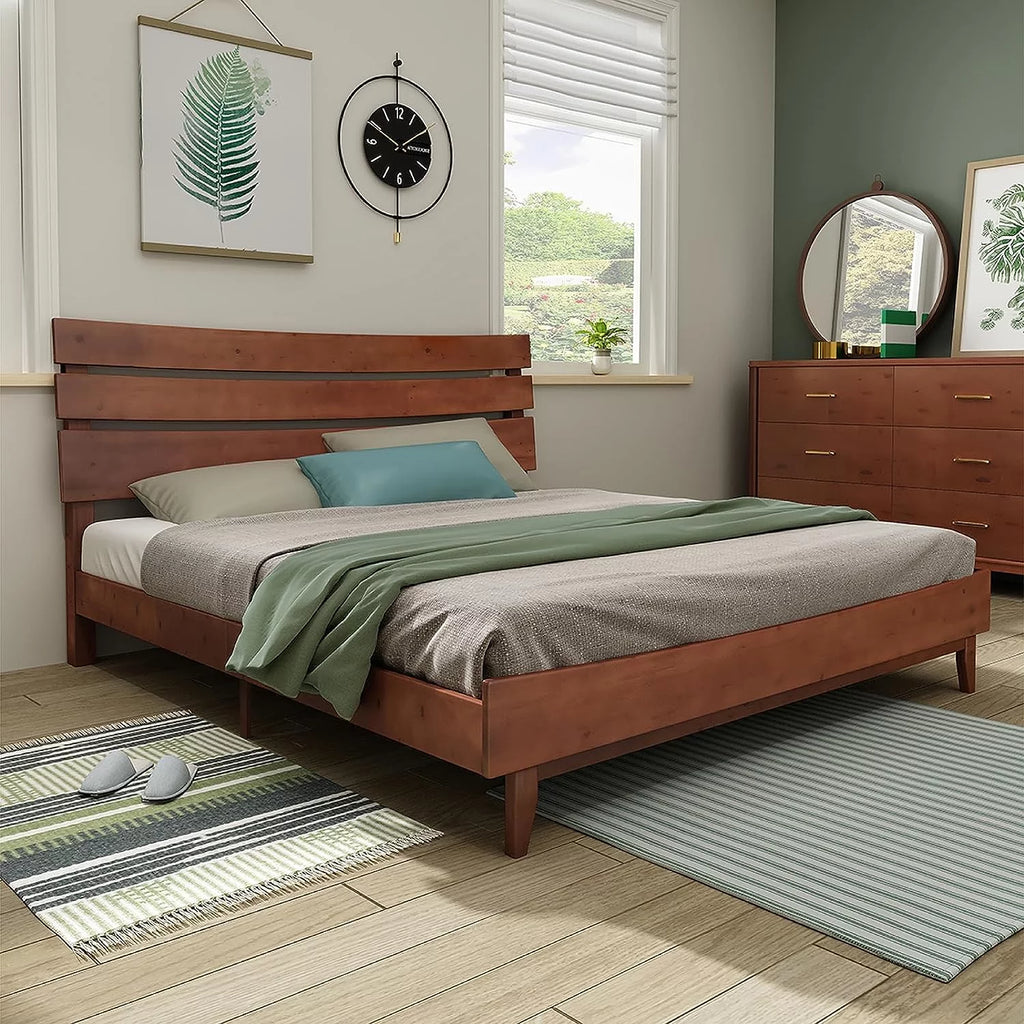 Queen Walnut Solid Wood Bed Frame with Headboard A525