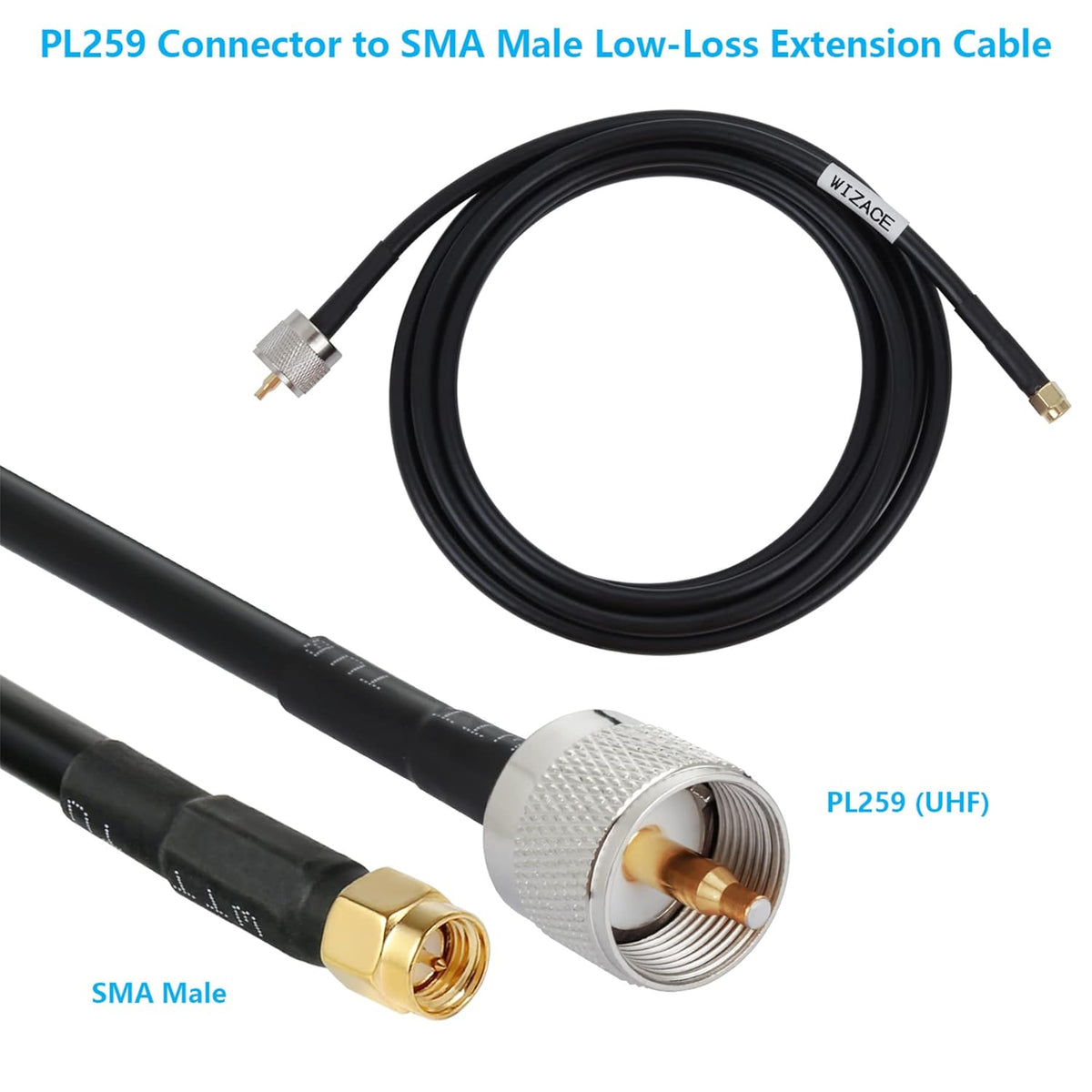 15 ft SMA Male to PL259 UHF Low-Loss Extension Cable (50 Ohm), Pure Copper Coaxial Cable I547872