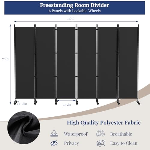 6FT Tall Black Rolling Room Divider with Lockable Wheels A353086