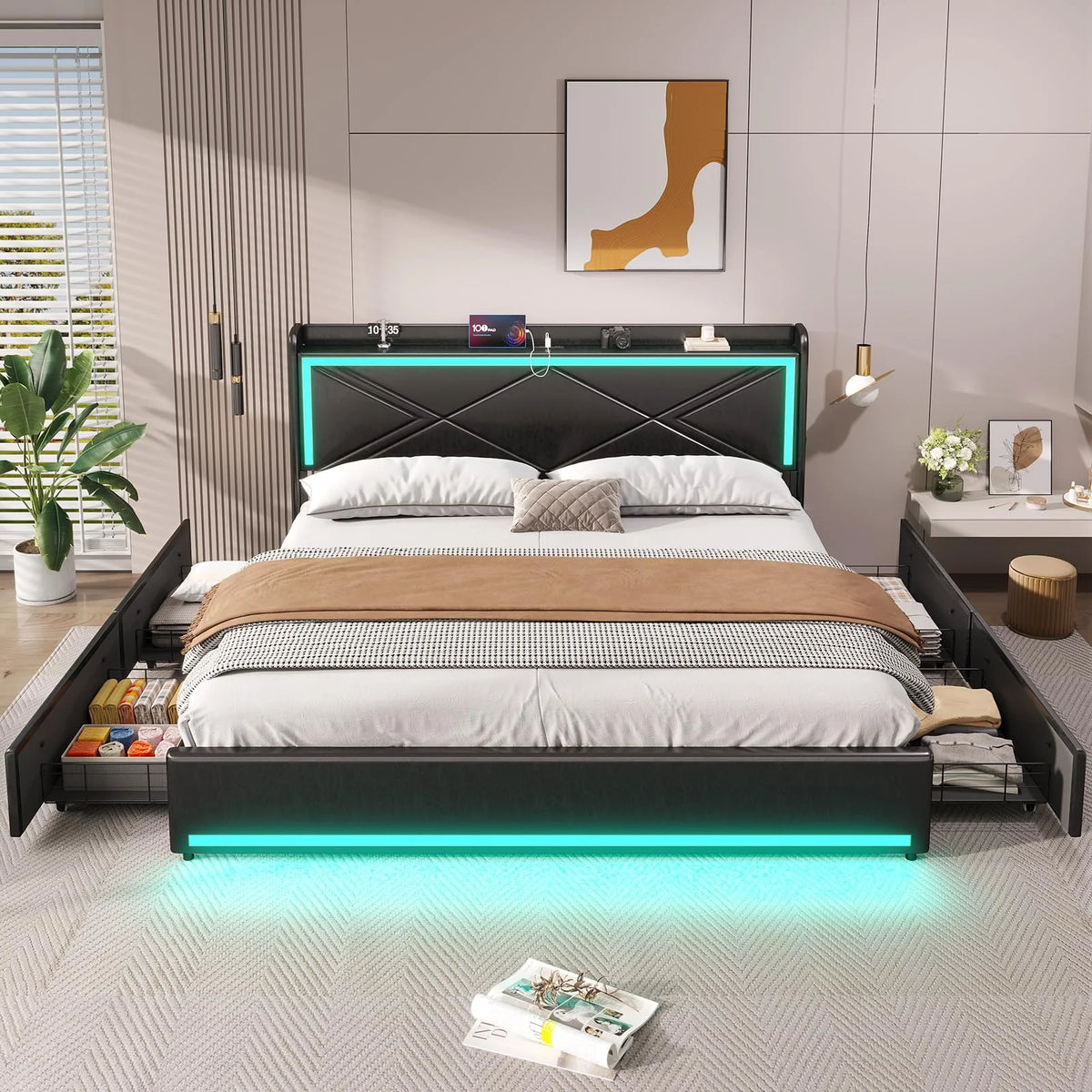 Queen Size Upholstered Platform Bed with 4 Storage Drawers R948389
