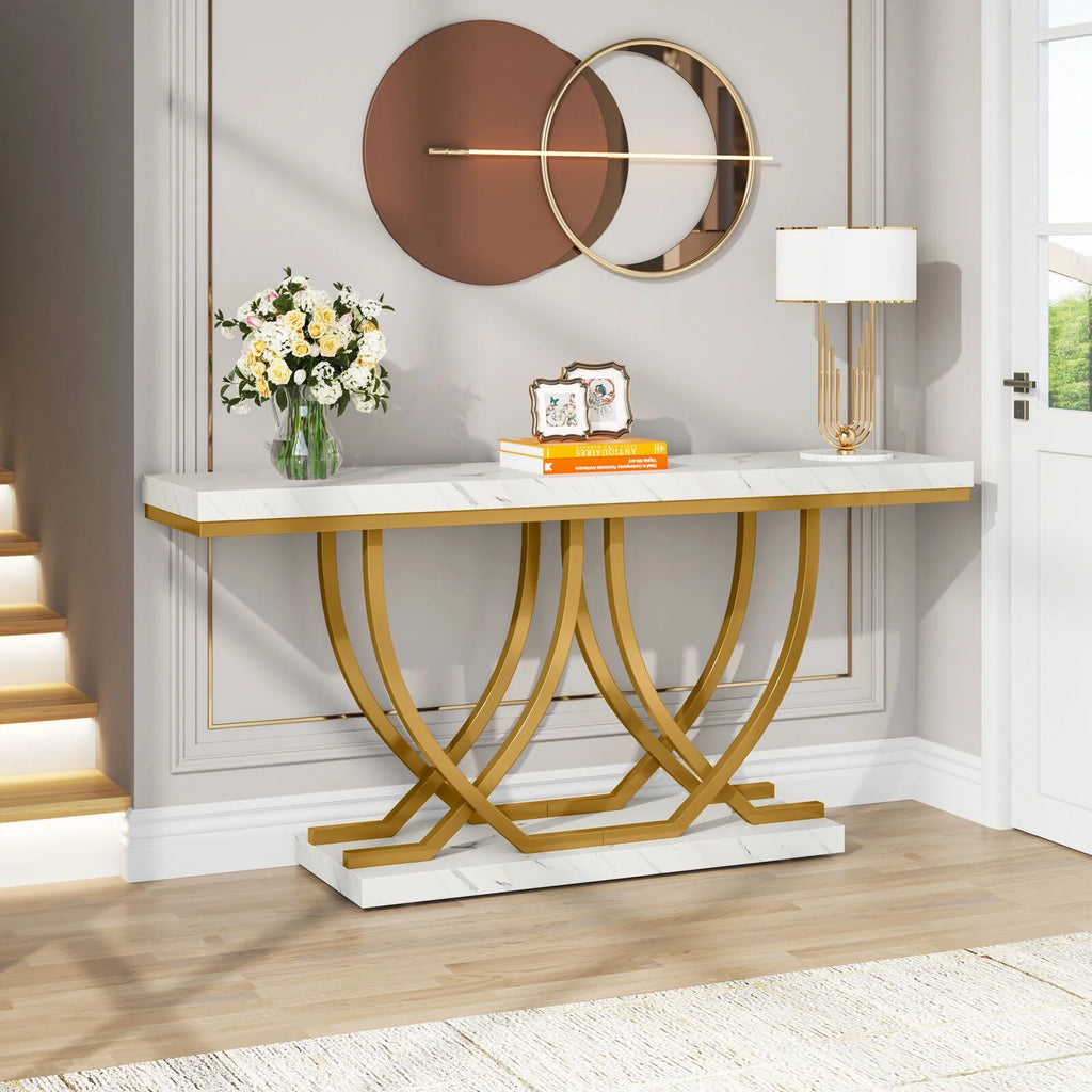 59" Faux Marble Console Table with Gold Base M6584