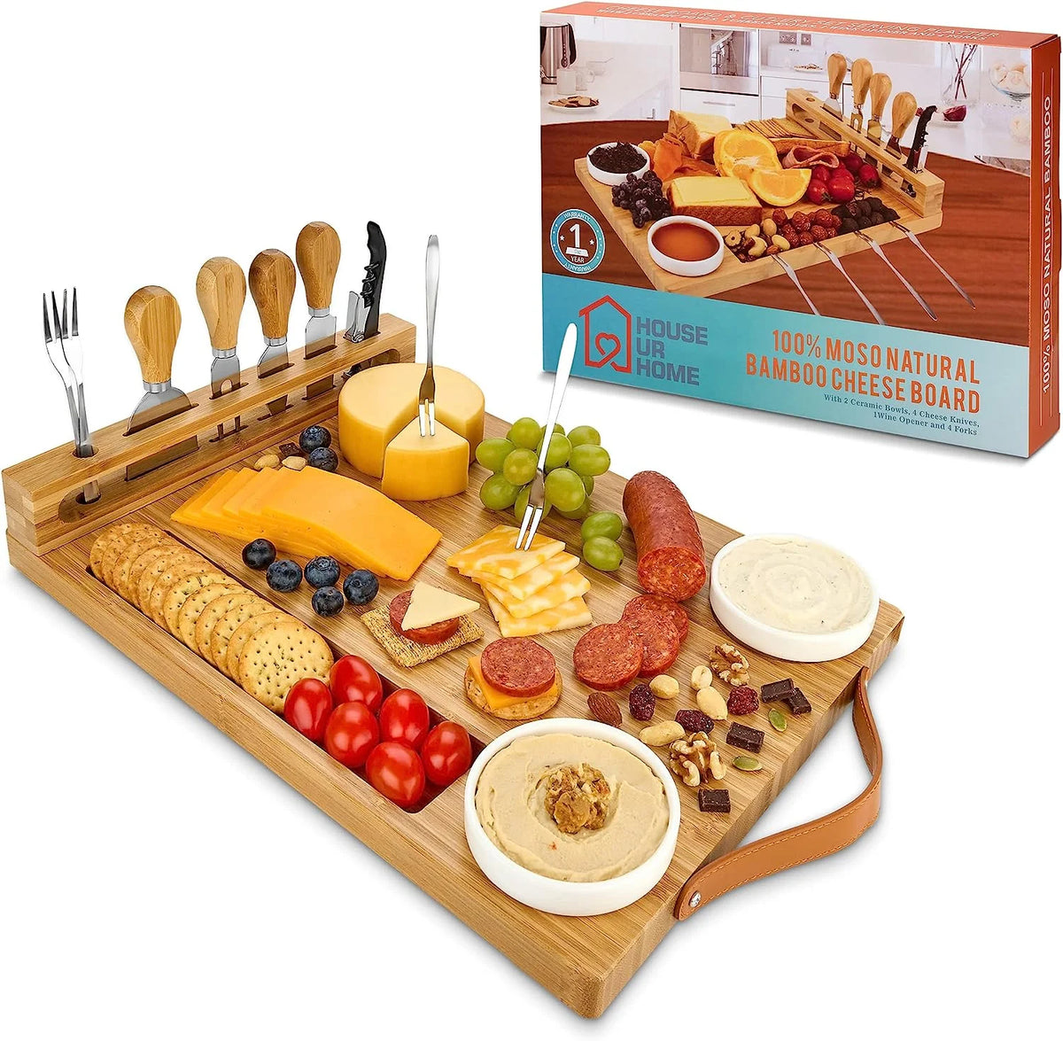 Bamboo Cheese Board with Knife Set, Wine Opener, Ceramic Bowls & Forks G366