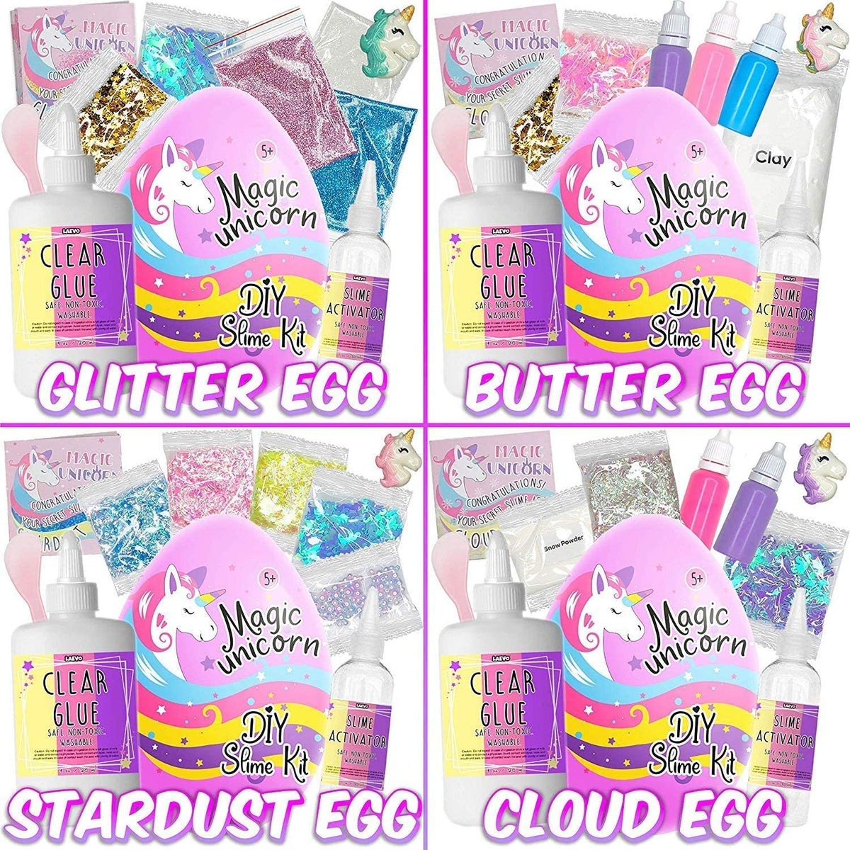 Unicorn Surprise Slime Egg Bundle 4 Pack Variety Slime Making Kit with Butter, Cloud, Glitter, Stardust Slime B26928