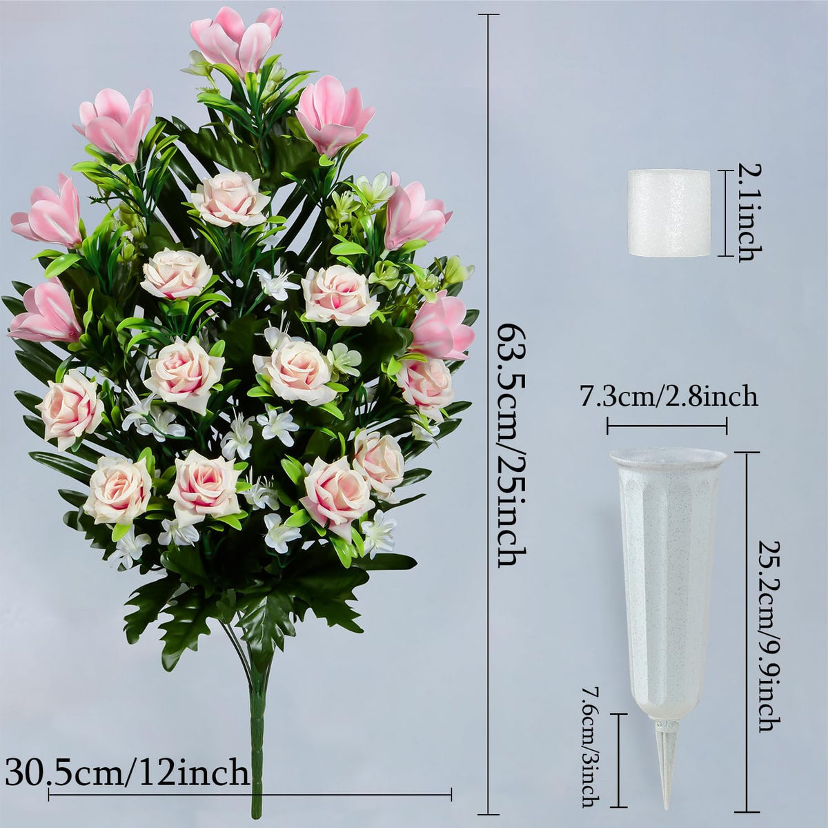 Artificial Rose Magnolia Flowers Bouquet with Cemetery Vase, 2 Sets Z572