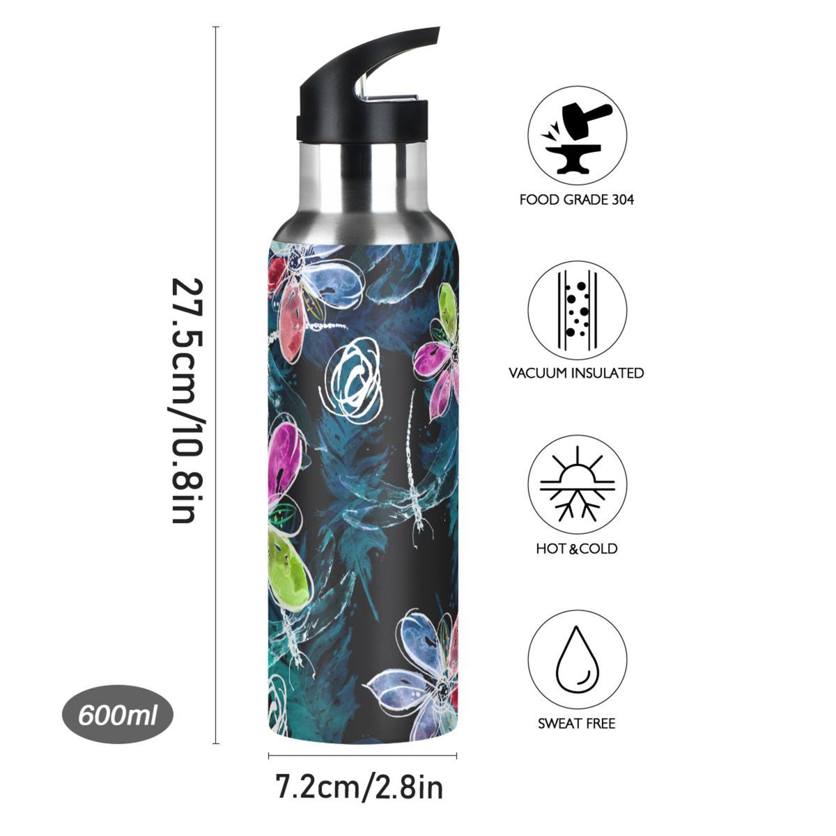 Stainless Steel Insulated Thermos Vacuum Flask Water Bottle with Straw Lid W950663