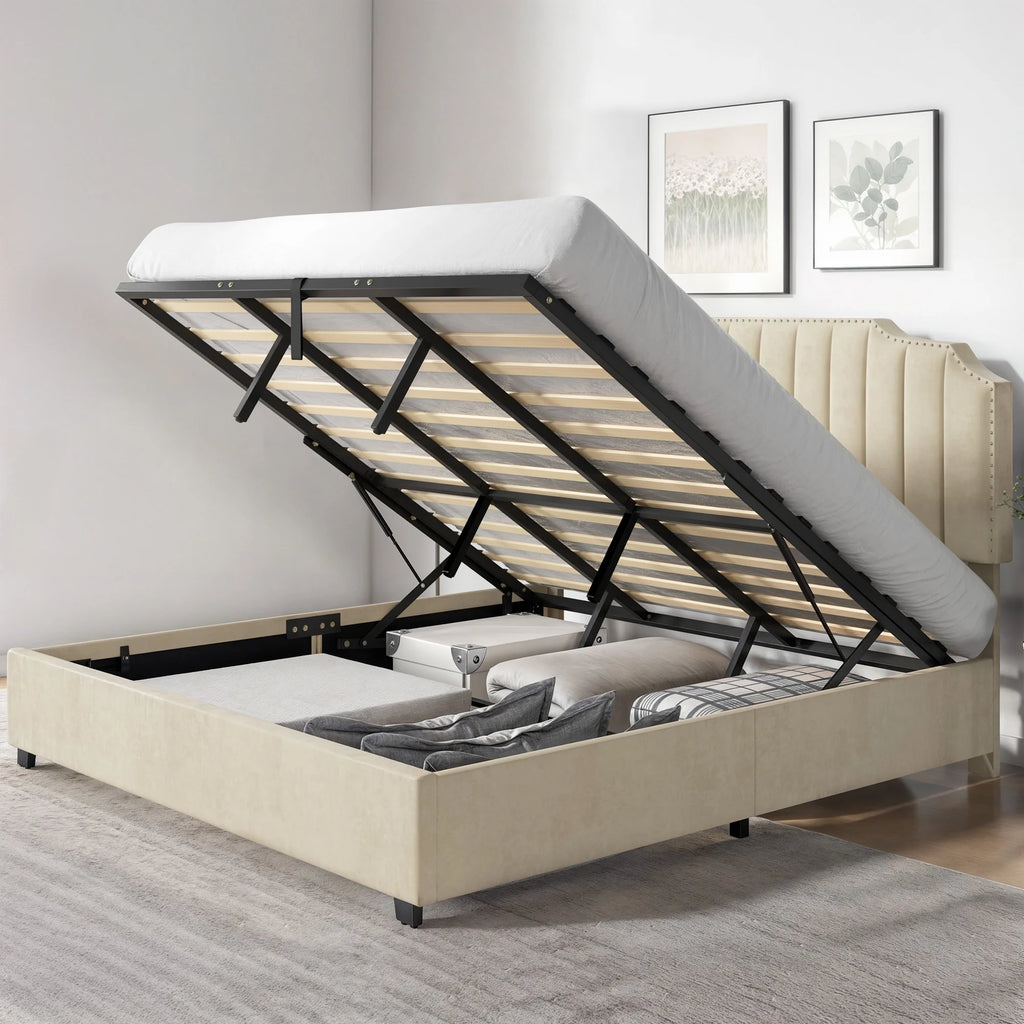 King Lift Up Storage Velvet Upholstered Platform Bed Frame N4646