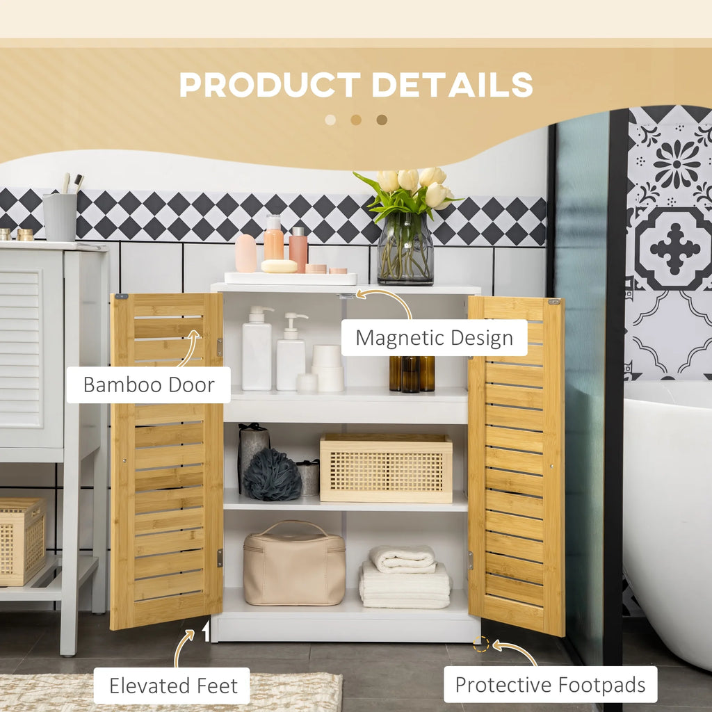 Bathroom Floor Cabinet with Bamboo Doors, Adjustable Shelves, White and Natural Z425
