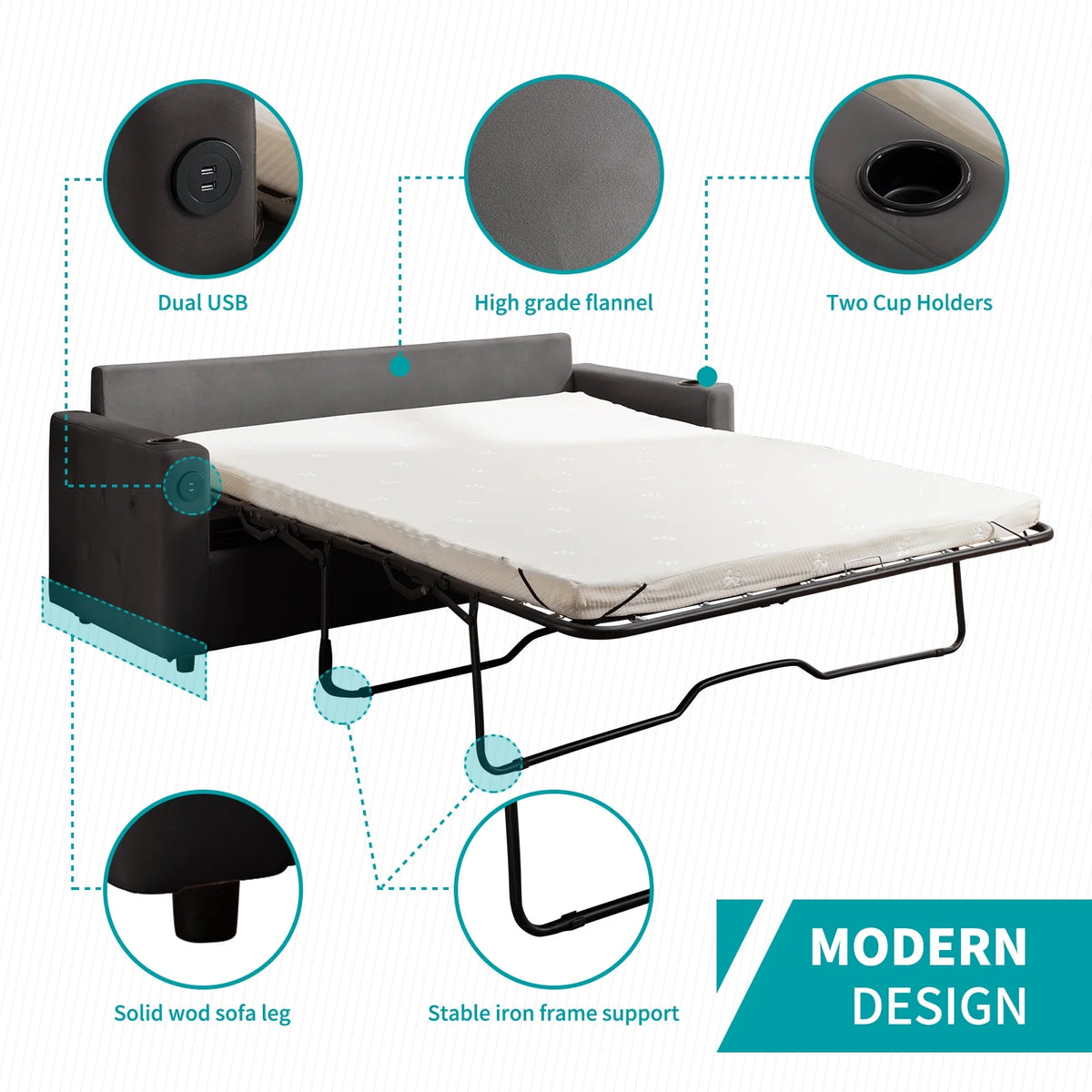 Queen Size Pull Out Sofa Bed with 2 Cup Holders and Dual USB Z716023
