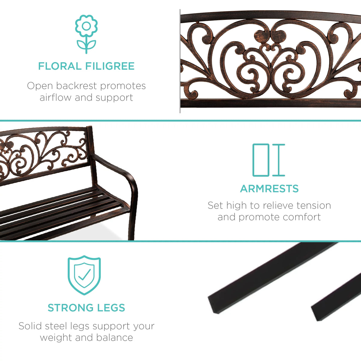 Brown Outdoor Steel Bench with Floral Design Backrest B1769