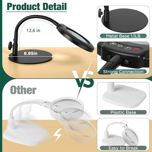 10X Magnifying Glass with Light and Stand, Flexible Gooseneck Magnifying Desk Lamp D152
