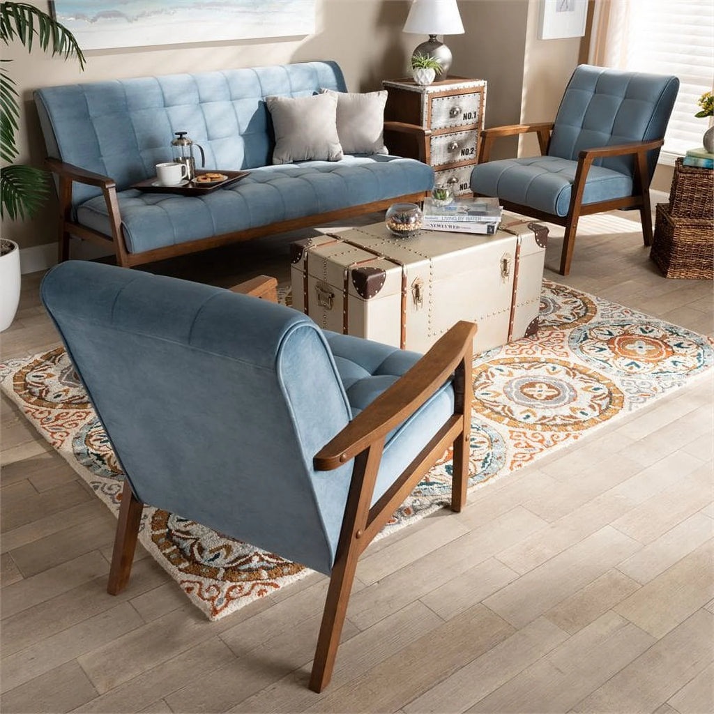 Light Blue Velvet Upholstered Wood 3-Piece Living Room Set O98288