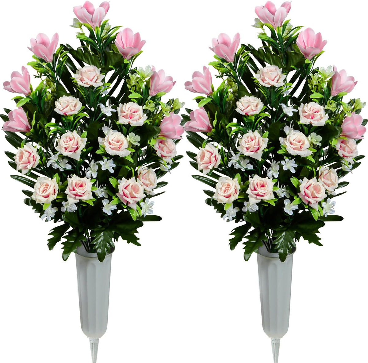 Artificial Rose Magnolia Flowers Bouquet with Cemetery Vase, 2 Sets Z572