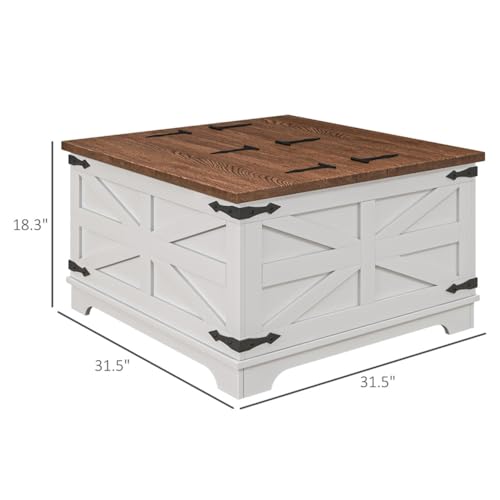 Distressed White & Brown Square Storage Coffee Table with Hinged Lift Top D934813
