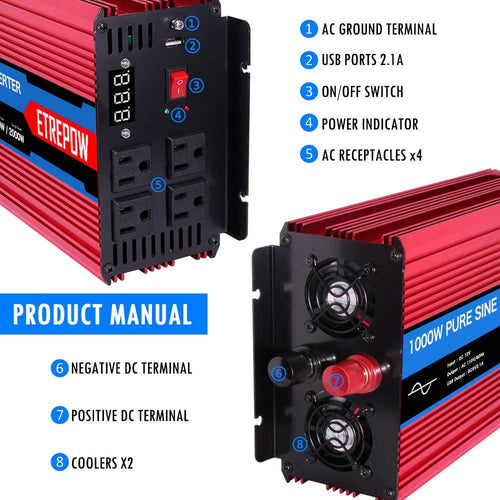 1000 Watt Pure Sine Wave Power Inverter 12V DC to 110V AC Y306109