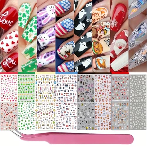 16 Sheets 7 Holiday Nail Art Stickers, Variety Pack All Season Nail Decals with Tweezers, 3D Self-Adhesive Nail Decoration S378920