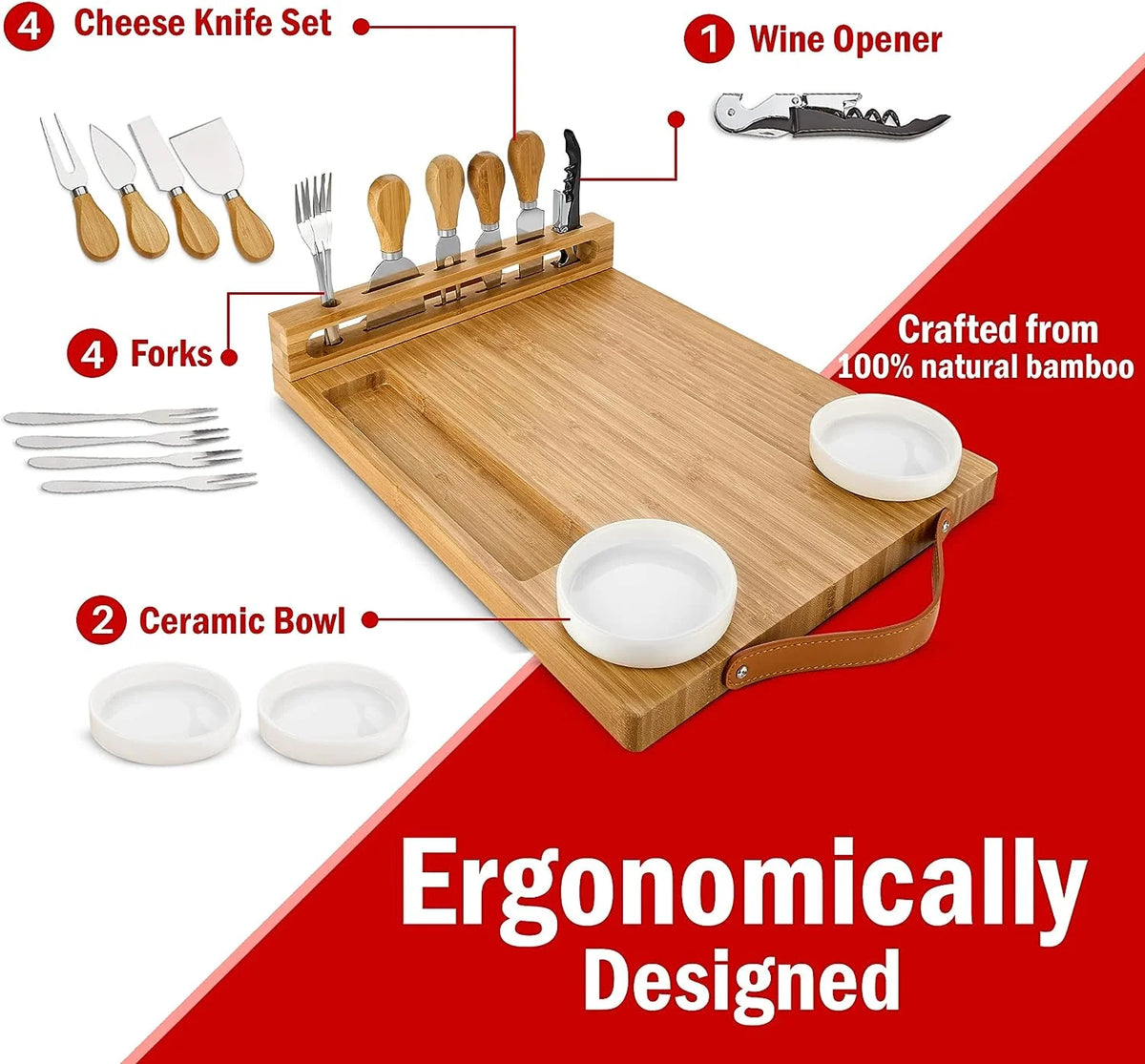 Bamboo Cheese Board with Knife Set, Wine Opener, Ceramic Bowls & Forks G366