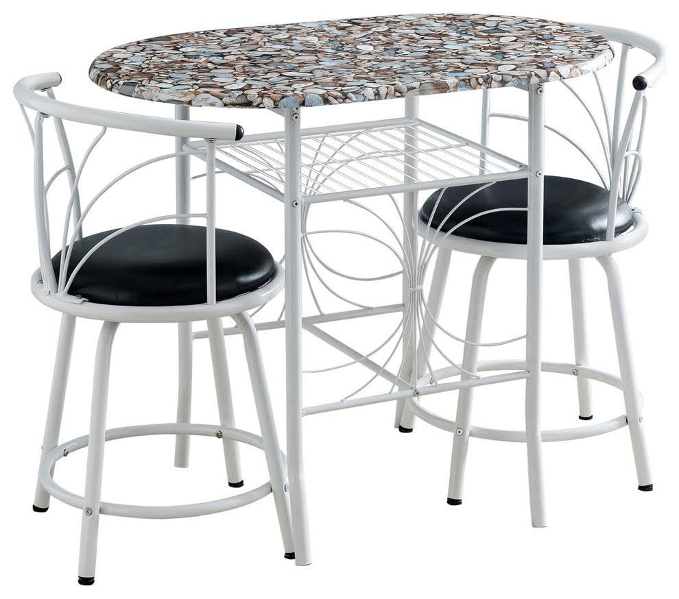 3 Piece Pub Set White Metal Frame Wood Top Table with Storage 2 Faux Leather Stools R430368