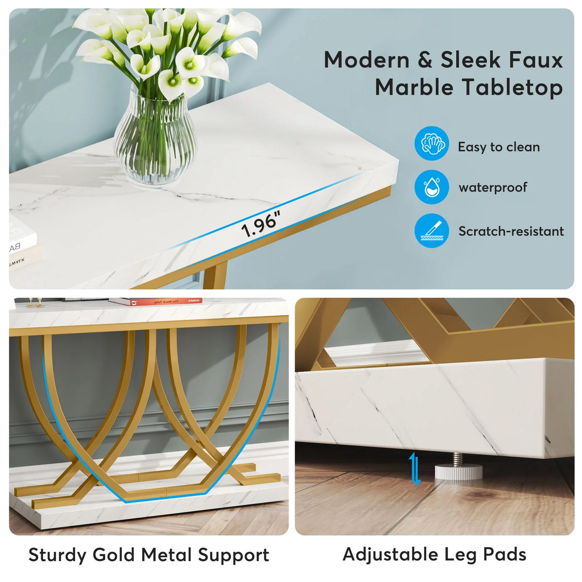 59" Faux Marble Console Table with Gold Base M6584